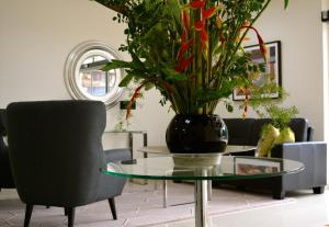 un jarrón con una planta sobre una mesa de cristal en New Brookfields Hotel, en Freetown