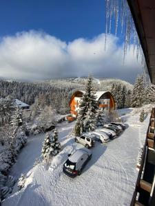 um grupo de carros estacionados num parque de estacionamento na neve em Pension Seidl em Špindlerŭv Mlýn