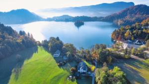 uma vista aérea de uma casa numa ilha num lago em Lake House Sebanc em Bled