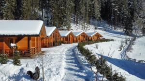 een rij houten hutten in de sneeuw bij Alpenchalets Mair in Sesto