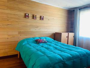 1 dormitorio con cama azul y pared de madera en Casa Apel Hostel, en Puerto Varas