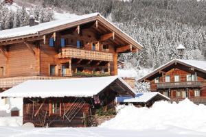 uma cabana de madeira na neve com neve coberta em Ferienwohnung Lerchenhof em Wald im Pinzgau