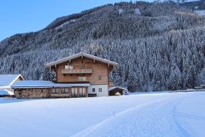 um edifício na neve com uma montanha em Ferienwohnung Lerchenhof em Wald im Pinzgau