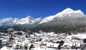 une ville couverte de neige avec des montagnes en arrière-plan dans l'établissement ALICE di SOPRA, à Andalo