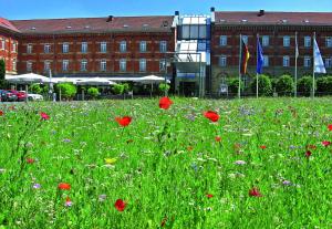 un campo de flores frente a un edificio en nestor Hotel Stuttgart-Ludwigsburg, en Ludwigsburg