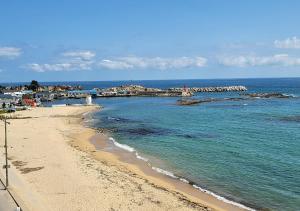 uma vista para uma praia com uma ponte e o oceano em Seaside Minbak em Goseong