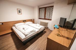 Schlafzimmer mit einem Bett, einem TV und einem Schreibtisch in der Unterkunft Smart Hotel Renzi in Folgarida