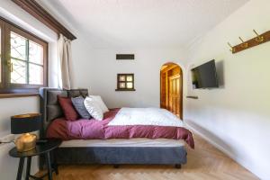 a bedroom with a bed and a tv on a wall at Hotel Sonnenalm Stuhleck in Spital am Semmering