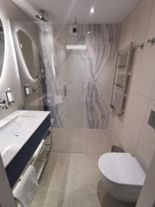 La salle de bains est pourvue d'une douche, de toilettes et d'un lavabo. dans l'établissement Hotel Zhong Hua, à Sopot