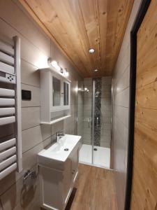 uma casa de banho com um lavatório branco e um chuveiro em Chalet Delphinette - Spa privatif em Morzine