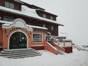 un edificio cubierto de nieve con escaleras delante en Hotel Tauplitzerhof, en Tauplitz