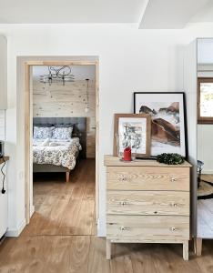 um quarto com uma cama, uma cómoda e um espelho em Apartament Gorsky em Poronin