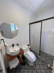 a bathroom with a toilet and a sink and a mirror at Hotel Florencia in Viña del Mar