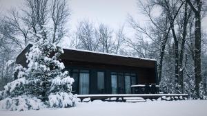 una cabaña en la nieve con un árbol cubierto de nieve en Fisherman, en Kiev