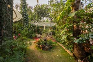 einen Garten mit einem Tisch, Stühlen und Pflanzen in der Unterkunft SaffronStays Birdsong, Madh - pet-friendly villa at Madh Island in Mumbai