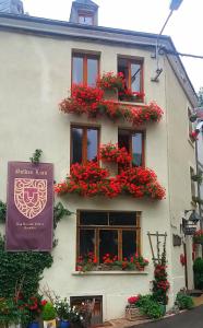 a white building with red geraniums in window boxes at Golden Lion in Bouillon