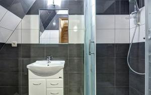 a bathroom with a sink and a mirror at Pokoje Pod Lasem in Kościelisko