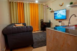 Una televisión o centro de entretenimiento en STYLISH 1BR APARTMENT IN KISUMU: FAST WI-FI, NETFLIX, SECURE PARKING