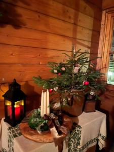 Un arbre de Noël sur une table avec une bougie dans l'établissement Appartement Emilia, à Hallstatt