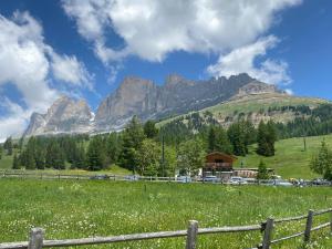 カレッツァ・アル・ラーゴにあるHotel Castel Latemarの塀山を背景とした畑