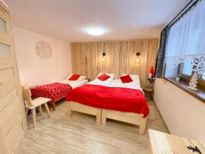 a bedroom with two beds and a window at Apartament Jagodzianka Biały Dunajec in Biały Dunajec