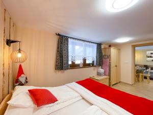 a bedroom with a large bed with red pillows at Apartament Jagodzianka Biały Dunajec in Biały Dunajec