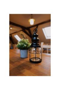 a lantern sitting on top of a wooden table with a plant at Apartmány U kapličky in Kamýk nad Vltavou