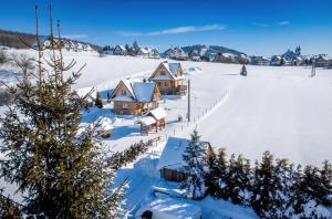 uma vista aérea de uma aldeia na neve em Domki w Mizernej 38, Czorsztyn , Pieniny, Szczawnica em Kluszkowce