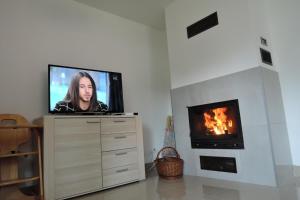 TV en un tocador en una sala de estar con chimenea en Big holiday home in Lukecin for 9 persons, en Łukęcin