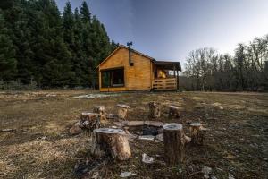 uma cabana de madeira no meio de um campo em Wood Cabin by the River - for Nature Lovers em Vytina