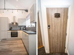 two images of a kitchen with a wooden door at Battell Chambers in Camborne