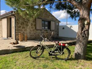 Una bicicleta estacionada junto a un árbol frente a una casa en Casinhas da Póvoa- Turismo Natureza, en Castelo de Vide