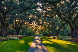 un camino en un parque con árboles y flores en Snorkel Way, en Myrtle Beach