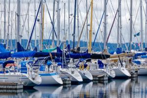 um monte de barcos ancorados num porto em The Carriage House em Seattle