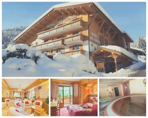 a collage of pictures of a building with snow on it at Hotel les Sapins in La Clusaz