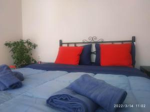 una camera da letto con letto con lenzuola blu e cuscini rossi di STUDIOS POSEIDONIA apartments 50 & 70 sqm with sea view a Korinthos