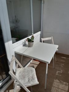 a white table and chair with a potted plant on it at Apartman Nela in Omiš