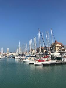 Une bande de bateaux amarrés dans un port dans l'établissement le Pullman, à Deauville