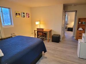 a bedroom with a bed and a desk and a chair at Garden of the Gods Motel in Colorado Springs