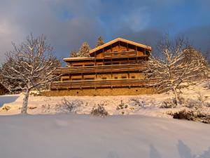 a building covered in snow with trees in front of it at Aigle des Neiges 5 étoiles in Gérardmer