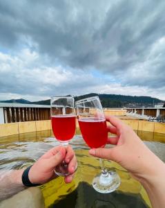 duas pessoas a segurar copos de vinho tinto em Sim House em Gura Humorului