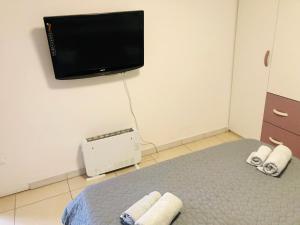 una camera con letto e TV a schermo piatto a parete di Little house Fiera di Roma a Ponte Galeria