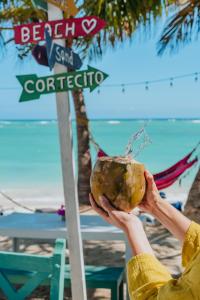 une personne tenant une noix de coco en face d'une plage dans l'établissement Green Coast Beach Hotel, à Punta Cana