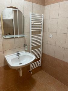 a bathroom with a sink and a mirror at Penzion Ječmínek in Luhačovice