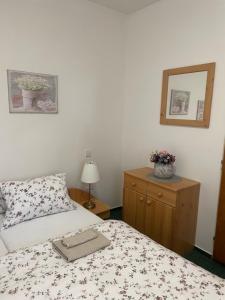 a bedroom with a bed and a dresser and a mirror at Penzion Ječmínek in Luhačovice