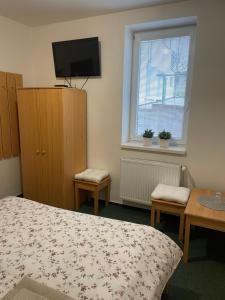 a bedroom with a bed and a tv and a window at Penzion Ječmínek in Luhačovice