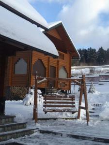 a log cabin in the snow with snow on the steps at Вілла Олекси in Skhidnitsa