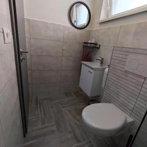 a small bathroom with a toilet and a mirror at Ubytování Valentovi in Veľký Meder