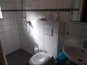 bagno con lavandino, doccia e servizi igienici di Ferienwohnung Familie Bauer a Kelheim