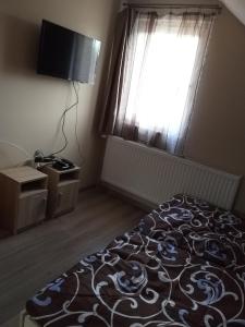 een slaapkamer met een bed en een raam met een televisie bij Nefelejcs Nyaraló-Vendégház in Dunasziget